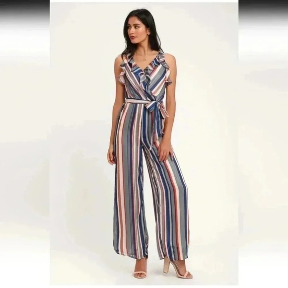 Lulu's Divine Time Blue and Grey Multi Striped Wide-Leg Jumpsuit - Picture 1 of 7